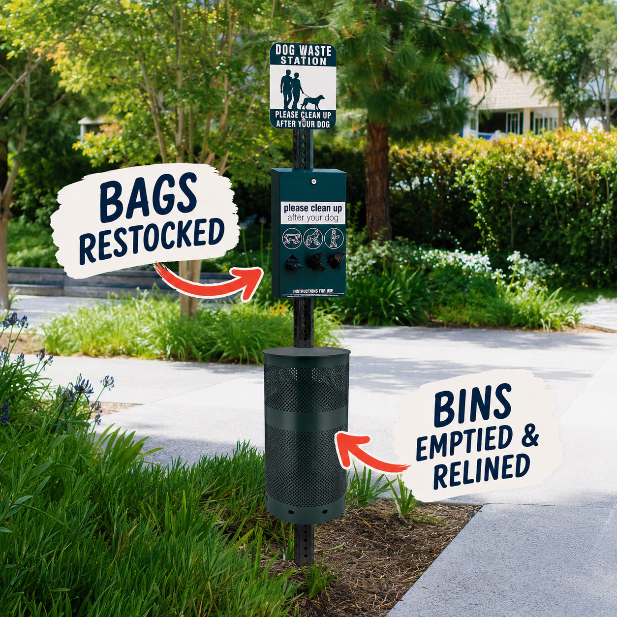 A pet waste station with bags restocked and the bin emptied and relined