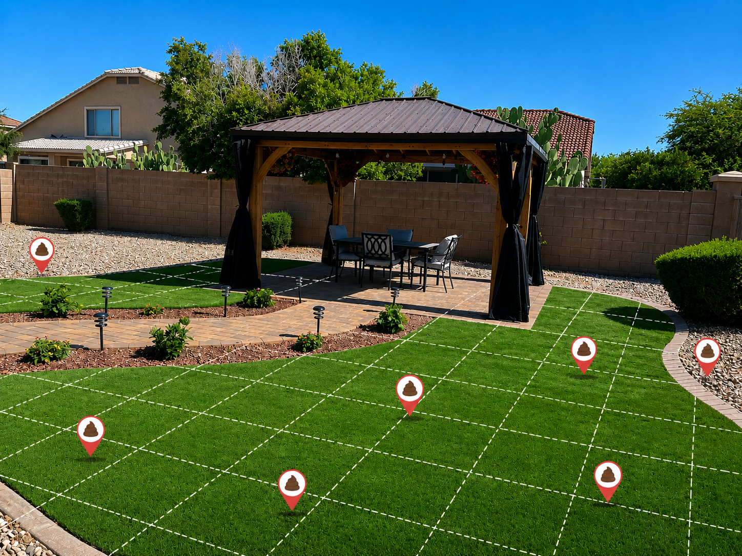 A backyard mapped in a grid with every pile marked